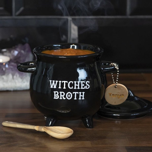 Personalised Witches Broth Cauldron Bowl with Lid and Broom Spoon