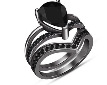 Parure de bagues de mariée taille poire, bague tendance en plaqué or noir pour elle, pour femme, parure d'alliances diamant noir, bague la plus vendue, fiançailles