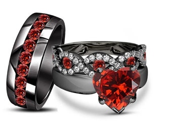 Red Garnet Wedding Ring Set for Couples,  Engagement Ring for Her, Matching Black Mens Band with Red CZ, Anniversary Rings