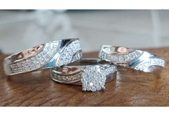 925 Sterling Silber Braut-Bräutigam-Trio-Ring-Set Verlobungsring Rundschnitt Simulierter Diamant Platin überzogener Trio-Ring-Set Geschenk für Sie