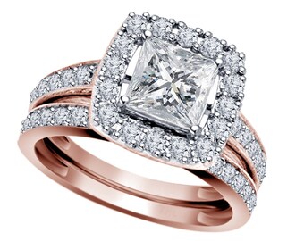 Conjunto de anillos de compromiso Moissanite de corte princesa, 925 plata 14k chapado en oro rosa, conjunto de anillos de mujer solitario, conjunto de anillos nupciales, conjunto de alianzas de boda