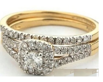 Halo CZ bruidsring set: geelgouden vergulde sterlingzilveren verlovingsring