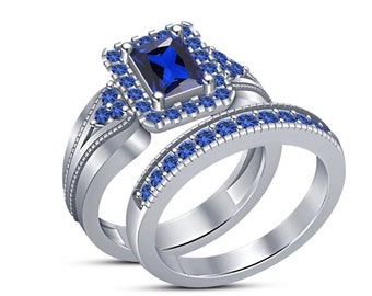 Set di anelli di fidanzamento con smeraldo blu, argento sterling 925 placcato in oro bianco 14K, set di anelli di fidanzamento di nozze, set di anelli da sposa, regalo per lei