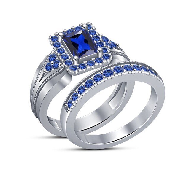 Blue Emerald Engagement Ring Set, 14K White Gold Plated  925 Sterling Silver , Wedding Engagement Ring Set,  Bridal Ring Set, Gift For Her