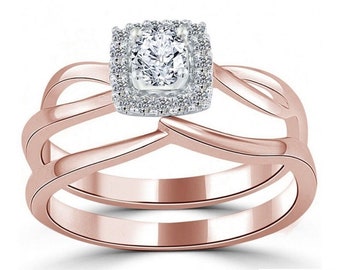 Pink Bridal Ring Set, Round Cut Engagement Ring Set, 925 Silver 14k Rose Gold Plated, Women's Ring Set, Wedding Band Set, Special Gift