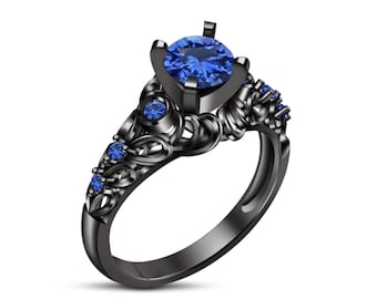 Blue Sapphire CZ Sterling Silver Ring - Black Gold Art Deco