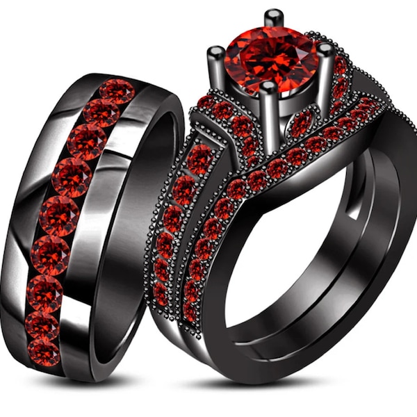 925 Sterling Silver Round Cut Red Garnet Black Gold Plated Trio Ring Set Gift For His & Her Engagement Wedding Ring Set