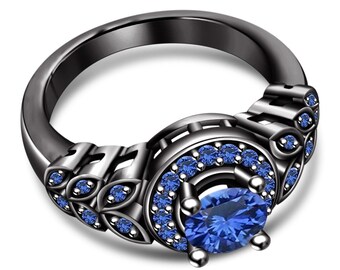 Blue Sapphire CZ Sterling Silver Ring - Black Gold Art Deco Bridal Ring