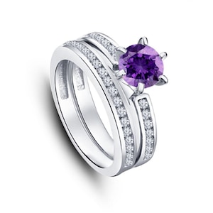 Amethyst Engagement Ring Set: Sterling Silver Bridal Jewelry