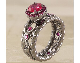 Pink Sapphire Twisted Sterling Silver Ring - Art Deco Engagement Ring