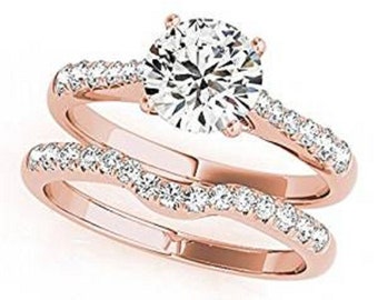 Set di anelli da sposa rosa, set di anelli di fidanzamento a taglio rotondo, argento 925 placcato oro rosa 14k, set di anelli da donna, set di fedi nuziali, set di anelli solitari