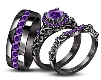 Purple Amethyst Trio Ring Set, Solid 14K Black Gold Finish Ring Set, His & Her Personalized  Ring Set, 925 Sterling Silver , Wedding Gift