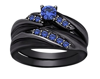 Set di anelli di fidanzamento con zaffiro blu a taglio rotondo, rodio nero in argento sterling 925, set di anelli da sposa, set da sposa vintage con zaffiri delicati