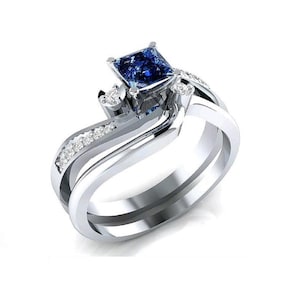 Princess Cut Blue Sapphire CZ Sterling Silver Bridal Ring Set