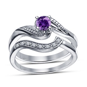 Purple Amethyst Engagement Ring Set: Art Deco Sterling Silver Bridal Jewelry