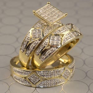 His & Her  Wedding Ring Set, 14K Yellow Gold Finish Silver Trio Set Rings, Engagement Anniversary Men Women Trio Ring Set, 3 Piece Ring Sets