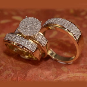 14k Yellow Gold Plated Trio Ring Set Gift For Her Wedding Ring Set 925 Sterling Silver  Round Cut  Simulated Diamond