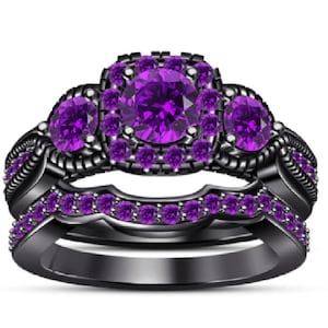 Purple Amethyst Engagement Ring Set: Black Gold Plated Sterling Silver Bridal Jewelry