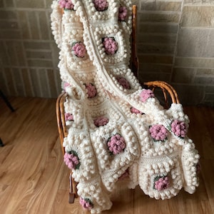 Cream and Rose Popcorn Granny Handmade Crocheted Afghan