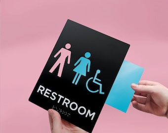 ADA Braille Restroom Sign - The Basics Cutaway With Customizable Insert Unisex Sign in White or Black with insert