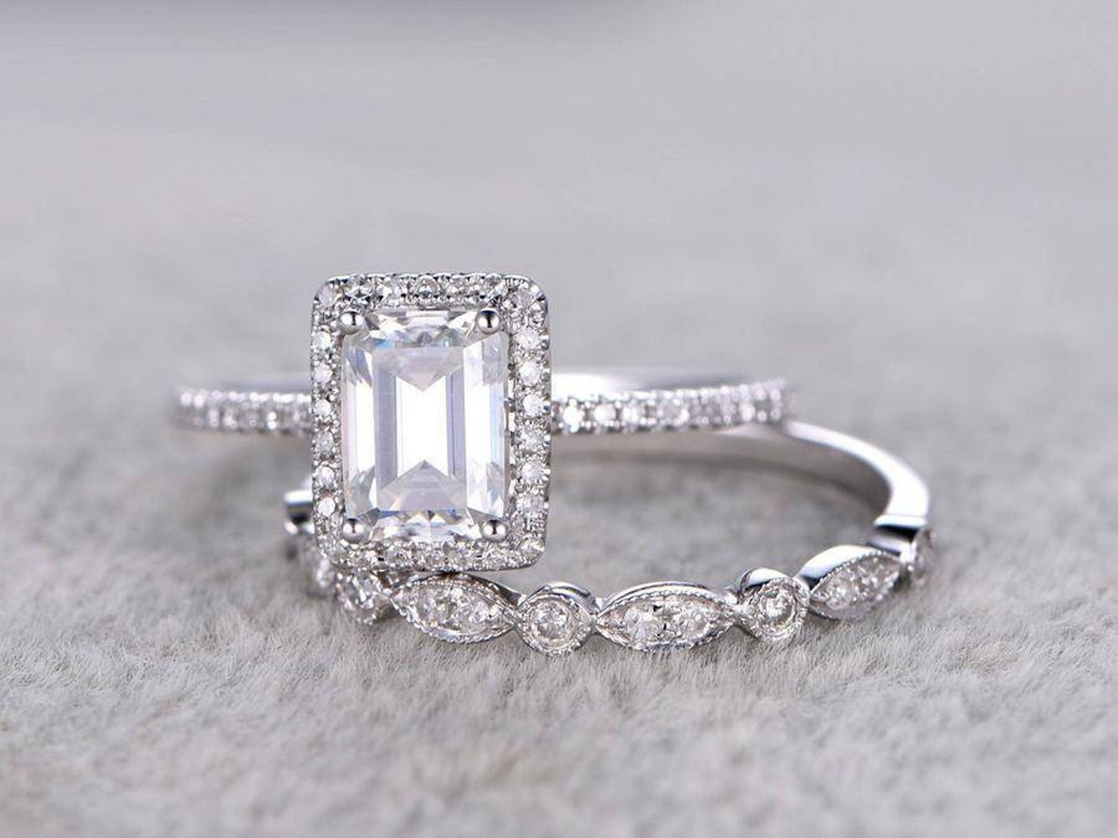 Emerald cut Moissanite Halo Wedding Ring Set Sterling