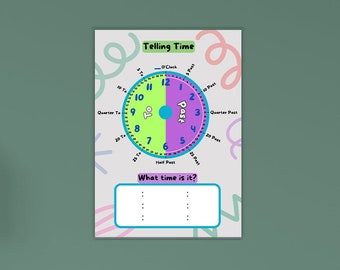 Telling Time A3 Wall Chart, Kids Clock Poster, KS1 Kids Interactive Educational Learning Resource, Wipe Clean / Dry Erase Laminate Surface