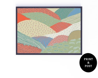 233. Rainbow Fields - Abstract Landscape Art Illustration - Pastel Countryside Wall Art - Nature / Rolling Hills - Nursery Art - A3, A4, A5