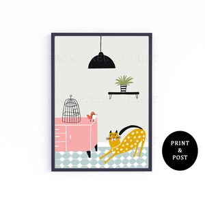 May include: A digital illustration of a cat with yellow and orange spots, a pink cabinet, a bird in a cage, and a black hanging light fixture. The cat is stretching and looking at the bird. The background is a light green color with a gray tiled floor.