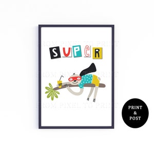 94. Super - Sloth - Impresión de pared para guardería infantil escandinava - Decoración de pared con tipografía - Póster A3, A4, A5 - Arte de pared inspirador y adorable para niños