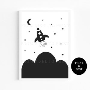 130. Scandi Rocket To The Moon - Impresión de pared en blanco y negro para guardería infantil - Decoración de pared con tipografía - Póster artístico A3, A4, A5 - Arte de pared hygge para niños