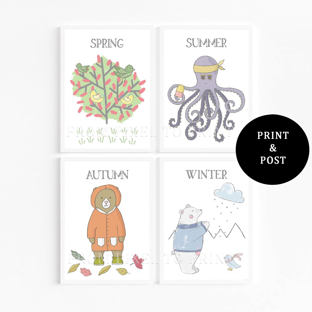 29. Set of 4 Seasons Nursery, Toddler, Kids Wall Art Prints A4 & A5