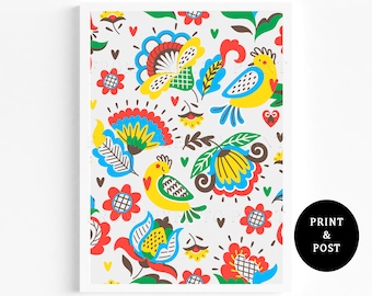 248. Scandi Folksy Art Print - Nordic Folk Love Birds, Hearts, Flowers Wall Art - Coral, Blue, Yellow - Scandinavian Giclee Print A3, A4, A5