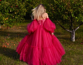Beautiful shiny fuchsia dress with sequins,Long dress with ruffles.Corset dress with sleeves,Lush beautiful sleeves,Long party dress