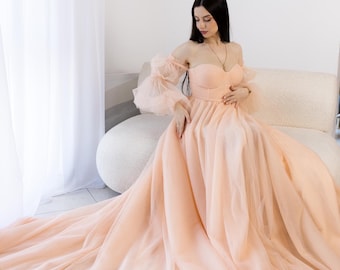 Peach airy dress.floral dresses.corset beige dress.Dress with a long train.Apricot tulle dress.Delicate dress with sleeves.Dress with a slit