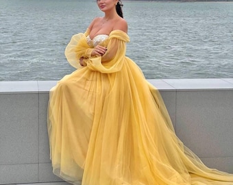 chinese dress ladies Mermaid Open Back Lace Yellow Prom Dress – FancyVestido main image 1