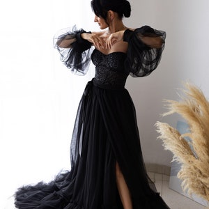Black gothic dress.Long dress with shiny corset.Black skirt with train.Dress with puff sleeves,wedding black dress,Wrap skirt.Gorgeous dress