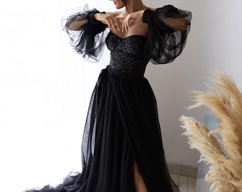Black gothic dress.Long dress with shiny corset.Black skirt with train.Dress with puff sleeves,wedding black dress,Wrap skirt.Gorgeous dress
