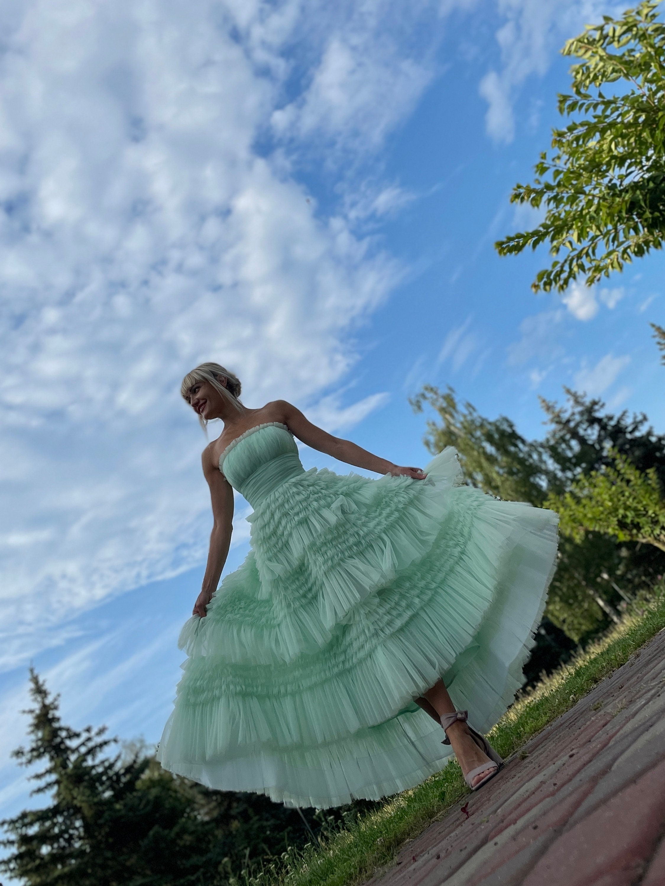 Natural color of the dress,Green dress with ruffle,Laurel dresses,Wedding green dress,Fluffy green dress,Dress for a photo shoot,Midi dress Natural color of the dress,Green dress with ruffle,Laurel dresses,Wedding green dress,Fluffy green dress,Dress for a photo shoot,Midi dress