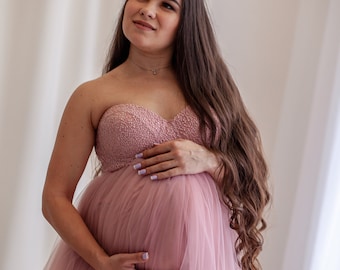 Pink maternity dress.New stylish design.Long tulle maternity dress.Beautiful corset dress.Robe with puffed sleeves.Dress for photo shoots