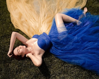 Luxurious blue-yellow long tulle dress for photo shoots.Corset dress.Blue dress with a train.Birthday dress.Prom airy dressDress with a slit