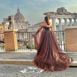 May include: A long, flowing gown with a black bodice and a layered, reddish-brown skirt. The dress features off-the-shoulder sleeves and a train. The background includes ancient Roman ruins and a cloudy sky, creating a dramatic and elegant aesthetic.