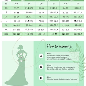 May include: A women's size chart with measurements in centimeters and inches for bust, waist, and hips. The chart includes sizes XS to XXXL. Instructions on how to measure bust, waist, and hips are also provided.