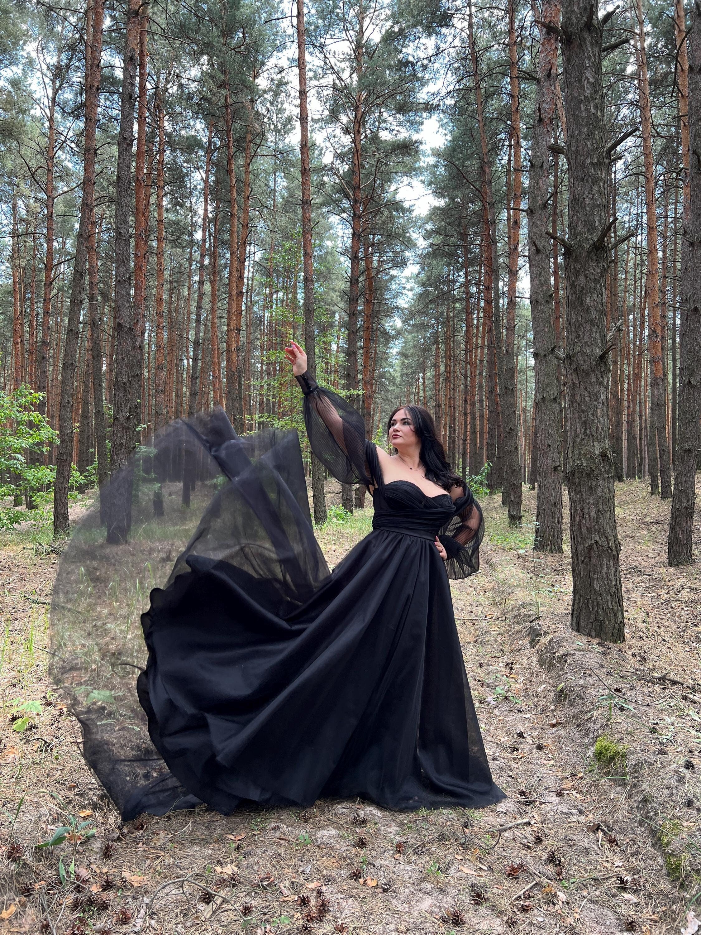 Black wedding dress.Black gothic dress with puff sleeves,Long train.Irresistible image.Corset puffy dress.Airy black dressFor photos ,events