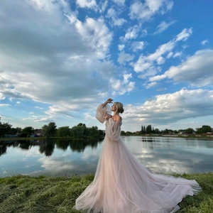 Soft pink event dress,Puffy tulle dress with long train,Dresses with puff sleeves,Wedding Dress,Prom Dress,Pink dress for photo,corset dress image 2