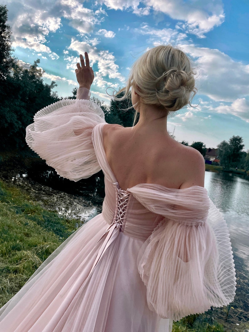 Soft pink event dress,Puffy tulle dress with long train,Dresses with puff sleeves,Wedding Dress,Prom Dress,Pink dress for photo,corset dress image 5
