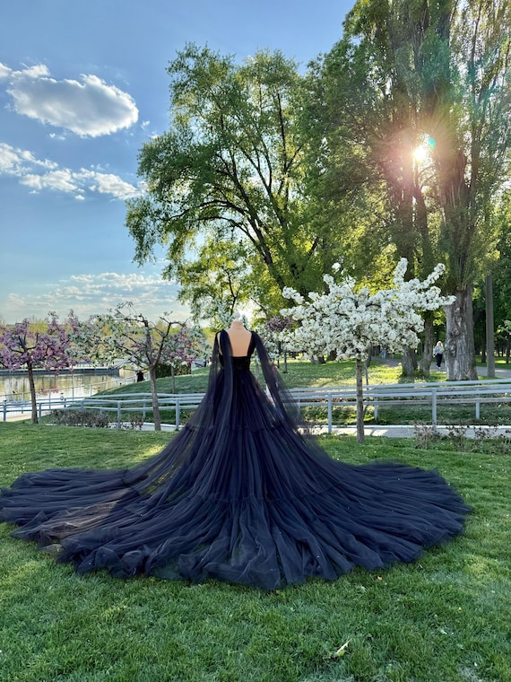Royal Black Ball Gown With a Long Train,black Wedding Dress,sweetheart-neckline Corsets,an Infinitely Long Train, Tiered Tulle Dress
