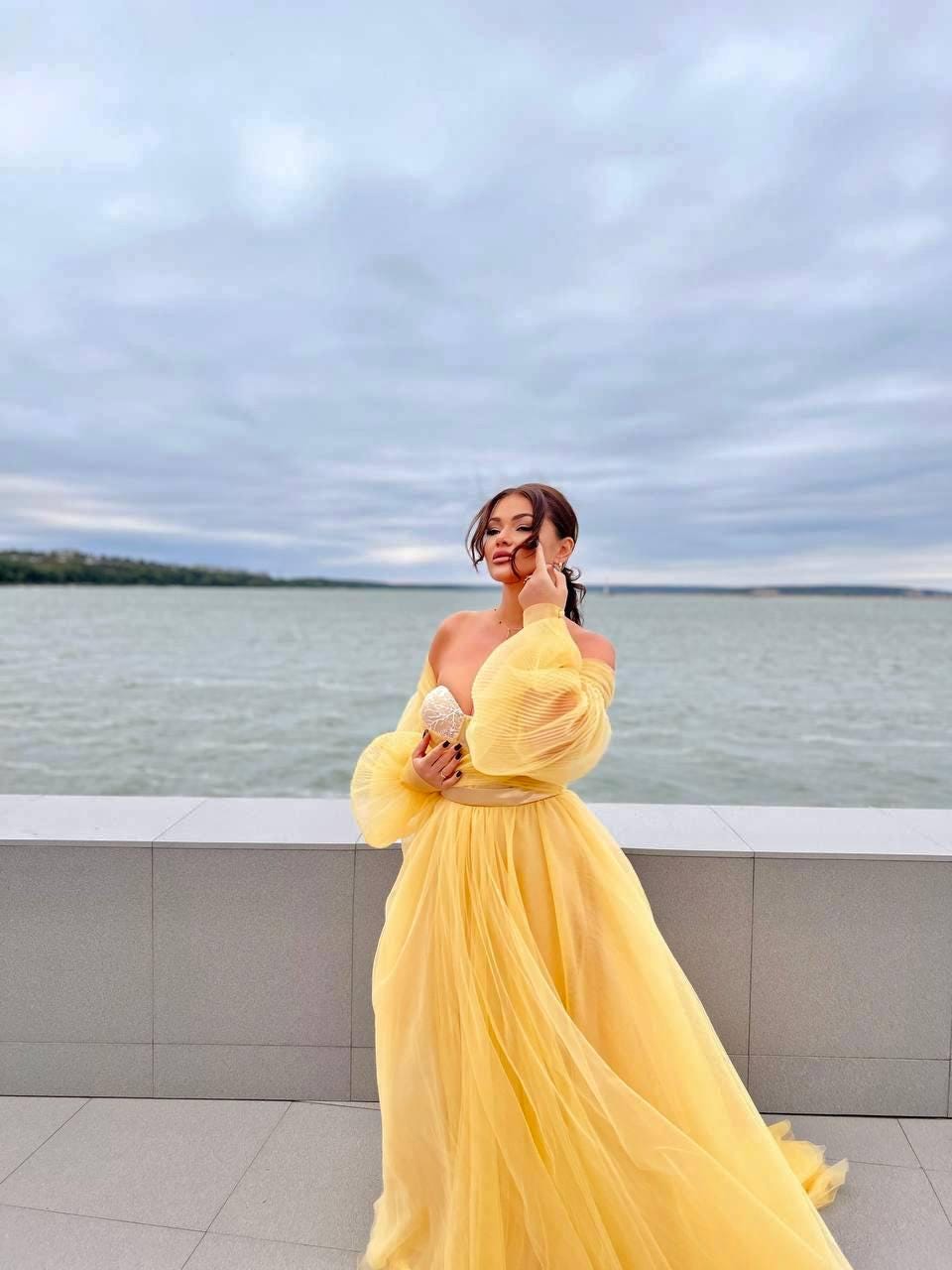 Gold long party dress,Sunny wedding dress with puff sleeves,Yellow delicate dress with a train,Mustard prom dress,Royal puffy dress