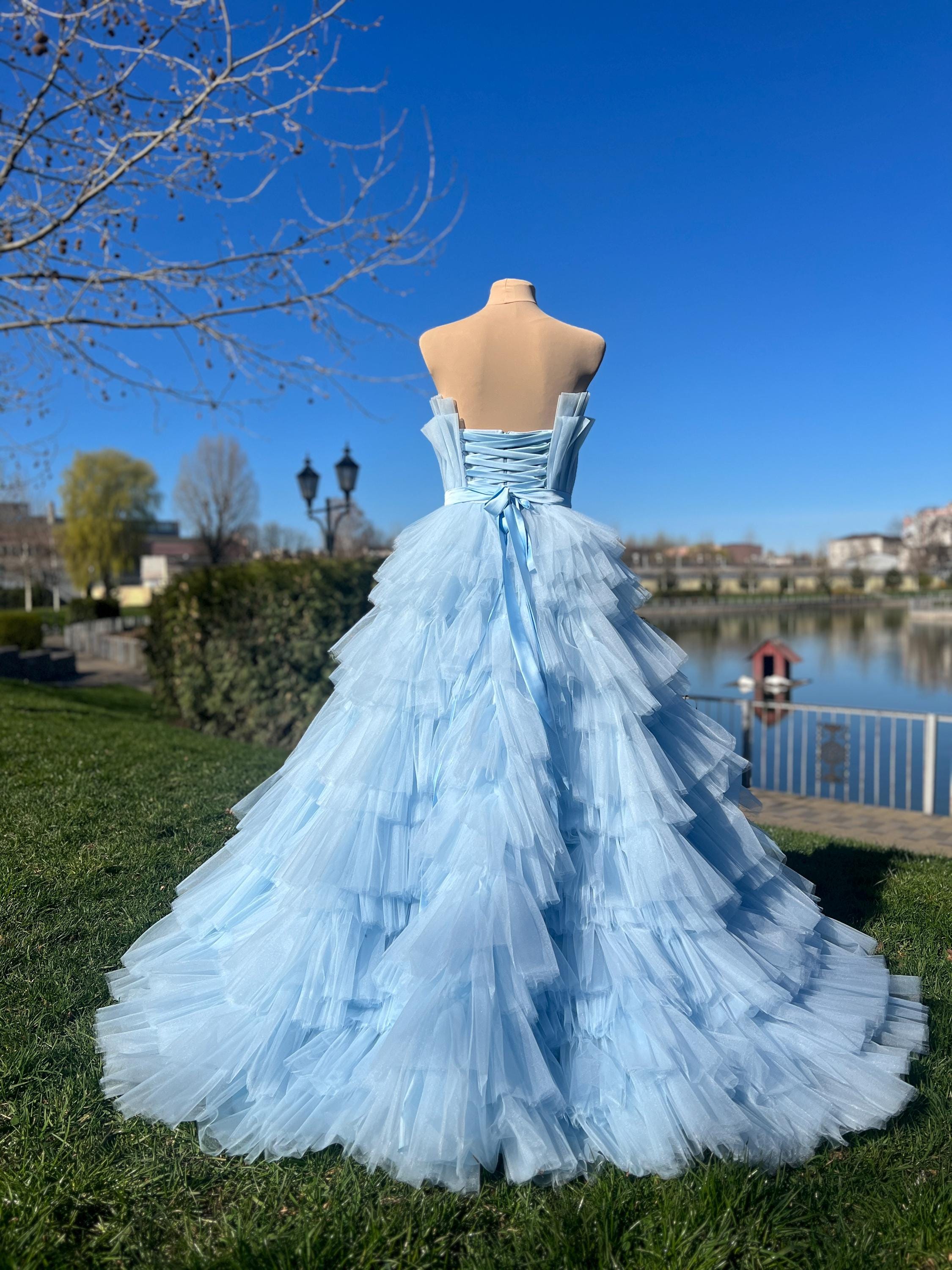 Gorgeous sick fluffy blue dress,Light blue ball gown,Multilayer corset dress,Airy wedding dress,Doll dress with silver ribbon,Heavenly color