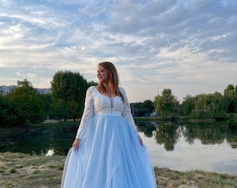 Floral dress,Blue long dress with 3D lace,Flying dresses for photos.Layered tulle dress with lace,A-line skirtCorset dress with long sleeves