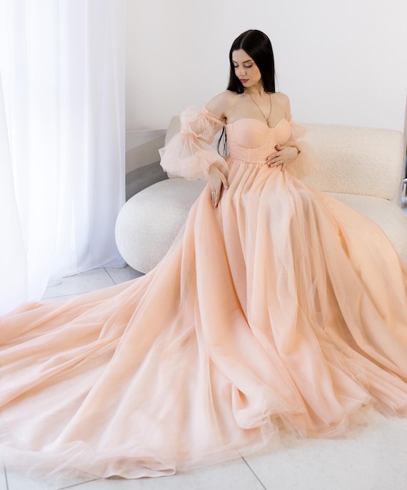 Peach Airy Dress.floral Dresses.corset Beige Dress.dress With a Long  Train.apricot Tulle Dress.delicate Dress With Sleeves.dress With a Slit -  Etsy